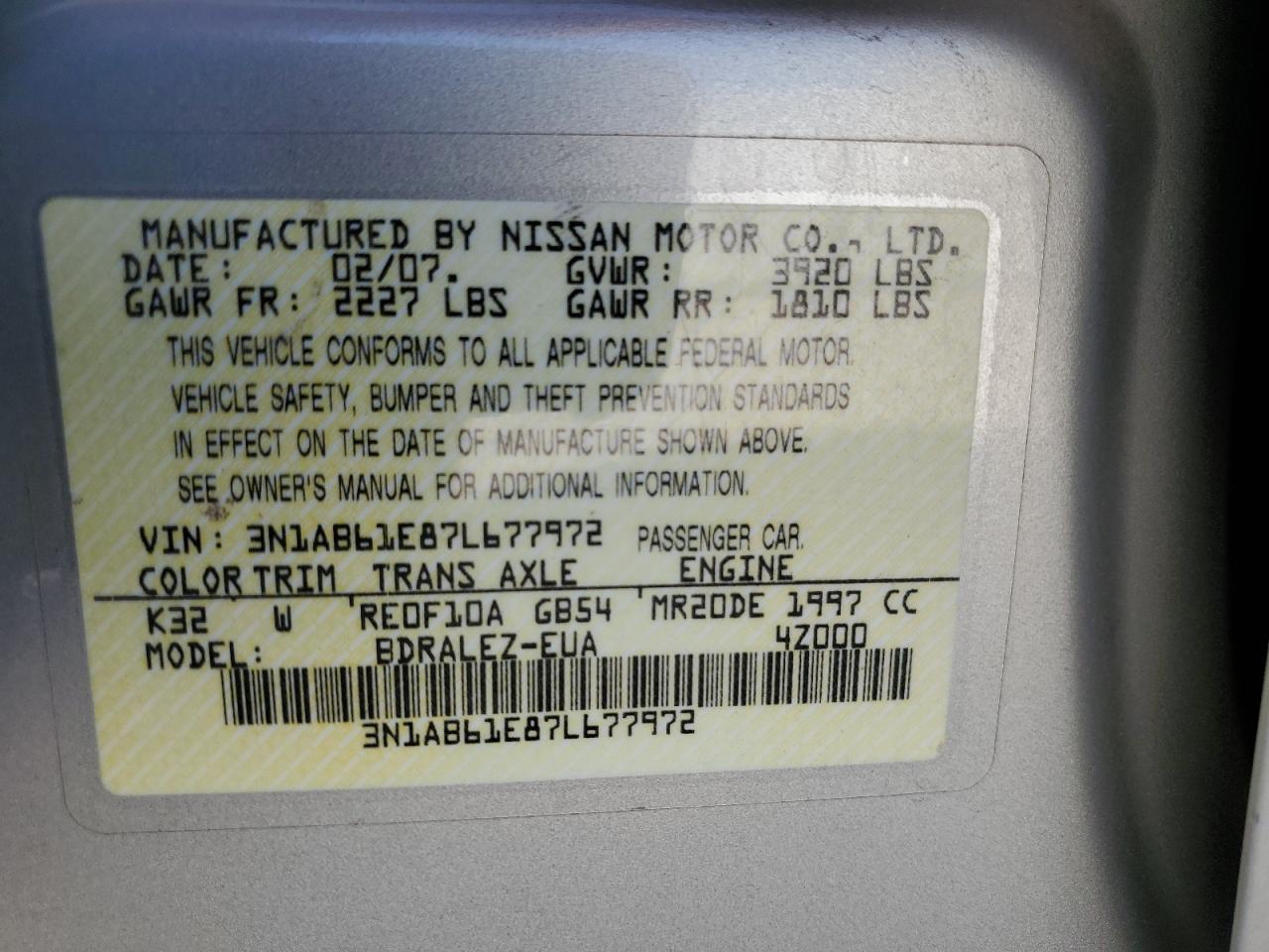 2007 Nissan Sentra 2.0 VIN: 3N1AB61E87L677972 Lot: 60157264