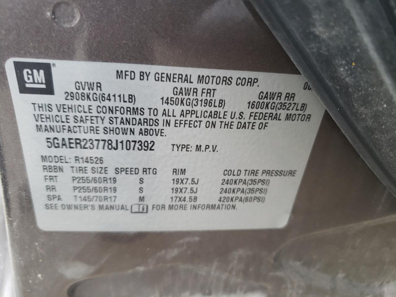 2008 Buick Enclave Cxl VIN: 5GAER23778J107392 Lot: 59827304