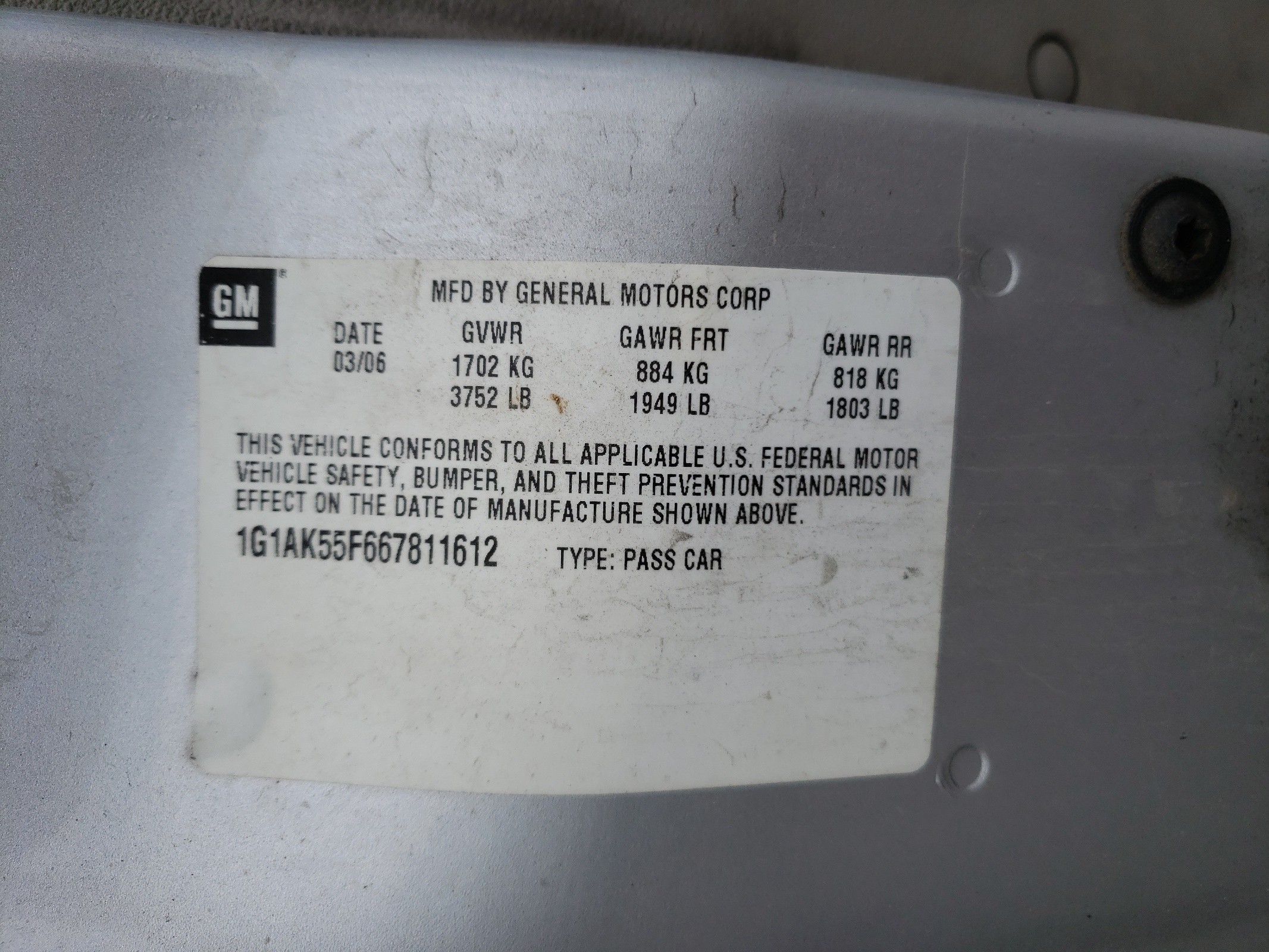 1G1AK55F667811612 2006 Chevrolet Cobalt Ls