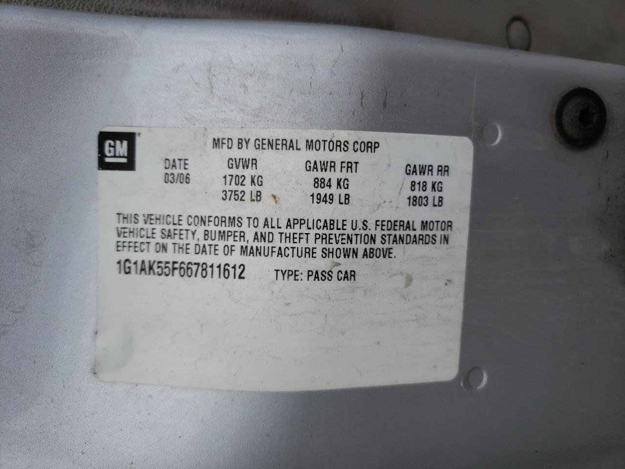 2006 Chevrolet Cobalt Ls VIN: 1G1AK55F667811612 Lot: 57827684