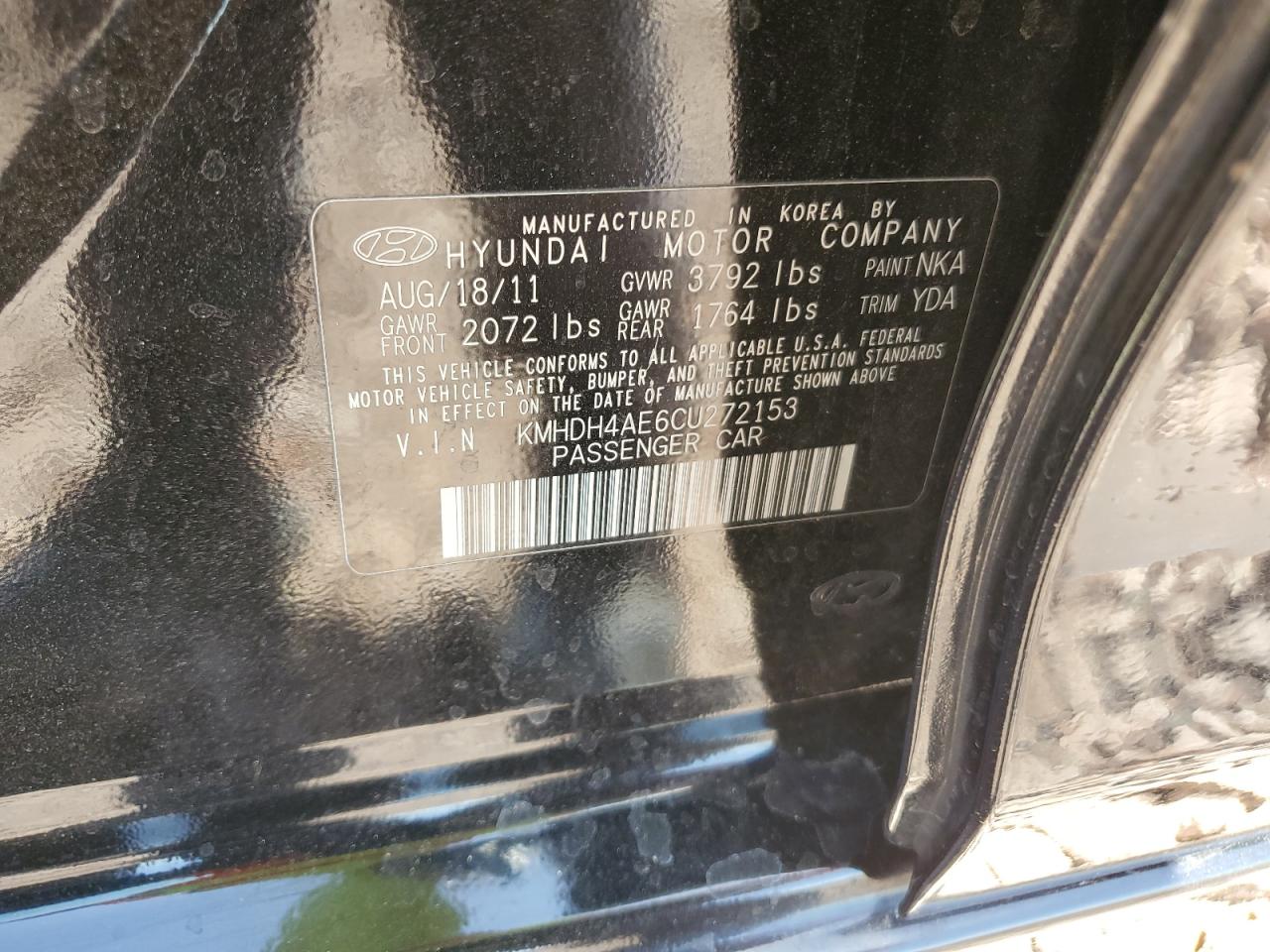 2012 Hyundai Elantra Gls VIN: KMHDH4AE6CU272153 Lot: 60020184