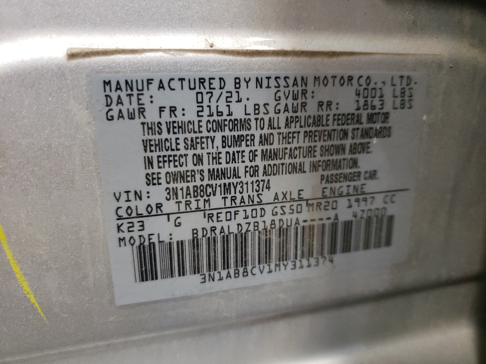 3N1AB8CV1MY311374 2021 Nissan Sentra Sv