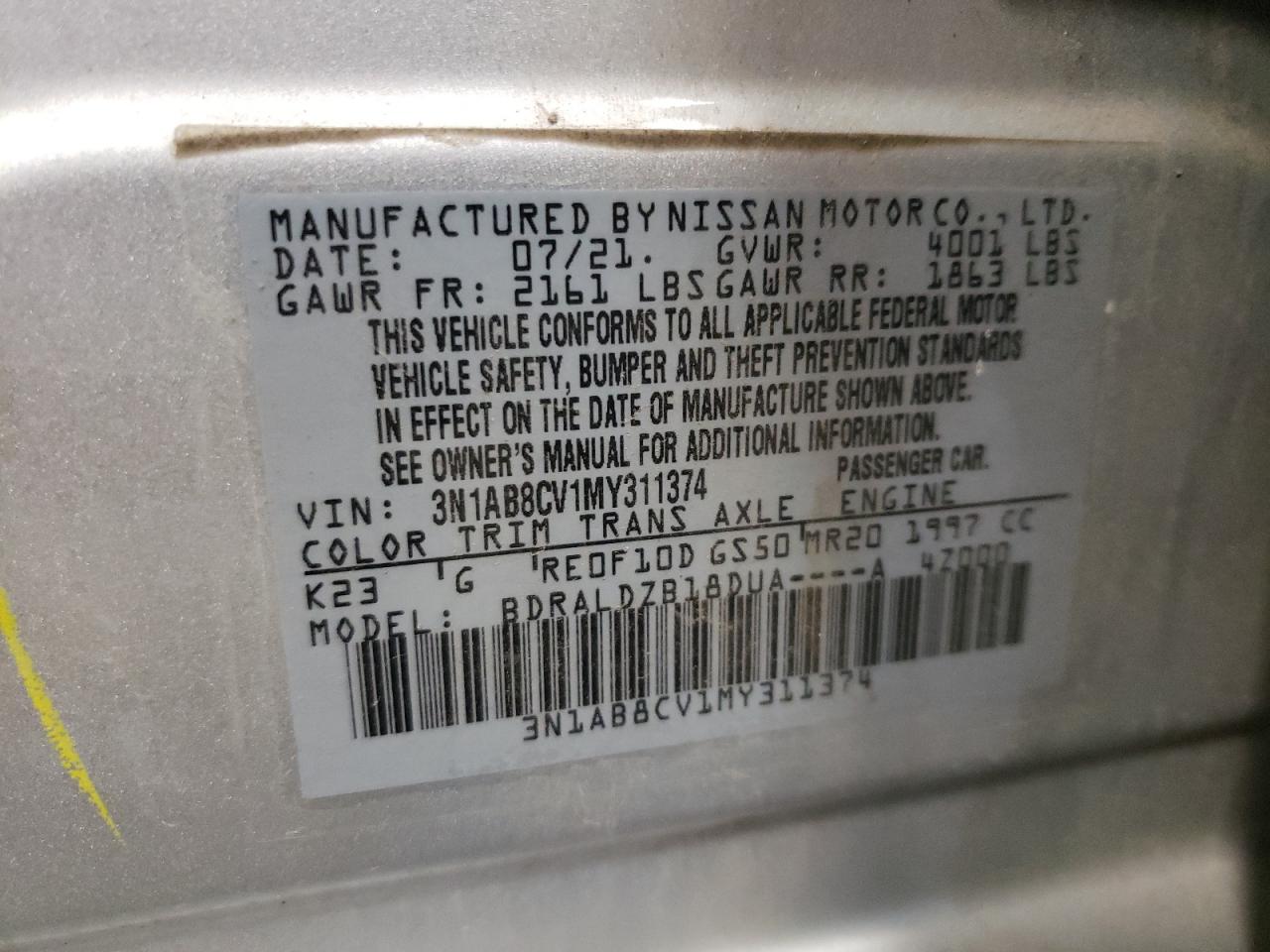 2021 Nissan Sentra Sv VIN: 3N1AB8CV1MY311374 Lot: 58988254