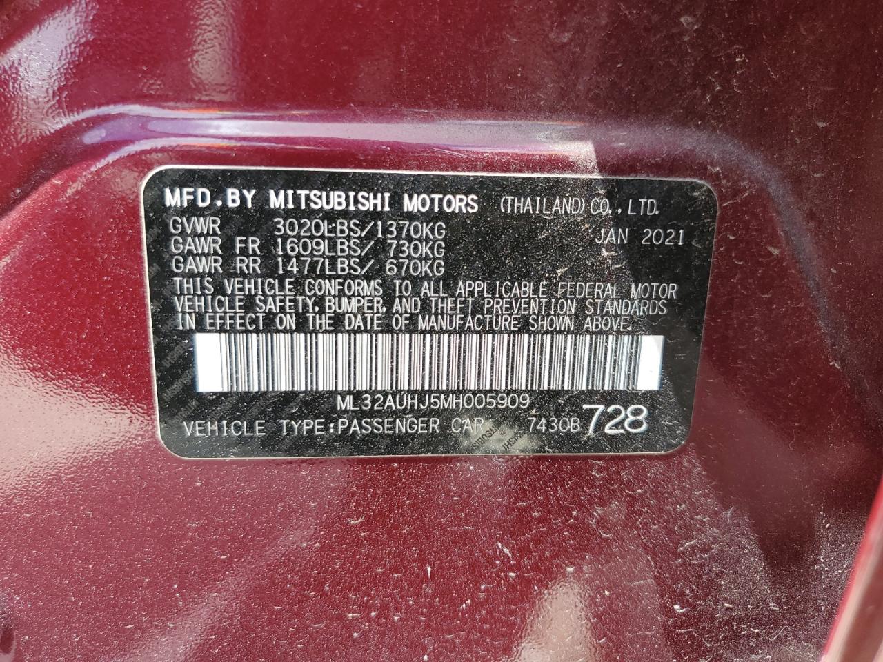 2021 Mitsubishi Mirage Es VIN: ML32AUHJ5MH005909 Lot: 60879854