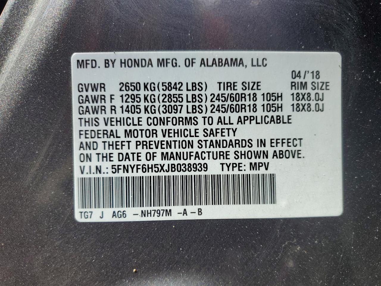 2018 Honda Pilot Exl VIN: 5FNYF6H5XJB038939 Lot: 57821544