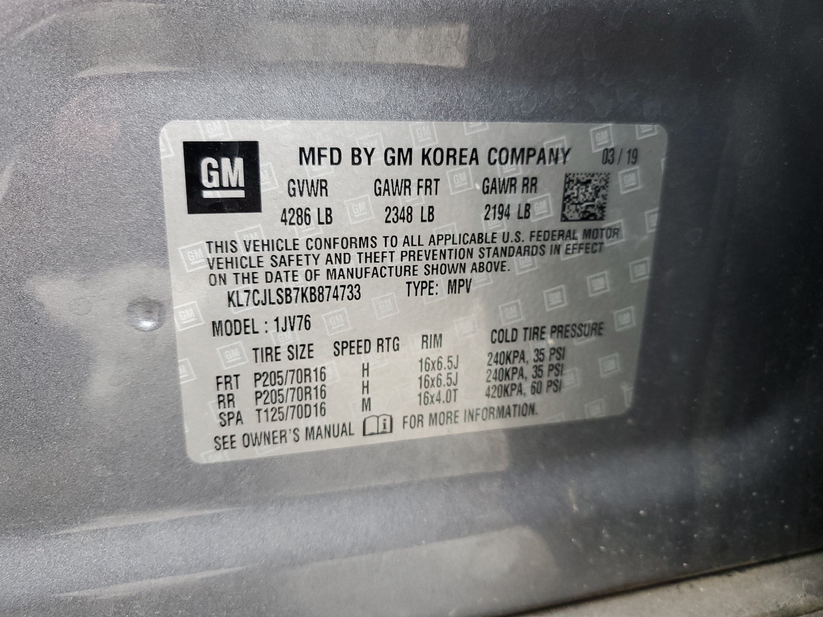 KL7CJLSB7KB874733 2019 Chevrolet Trax 1Lt