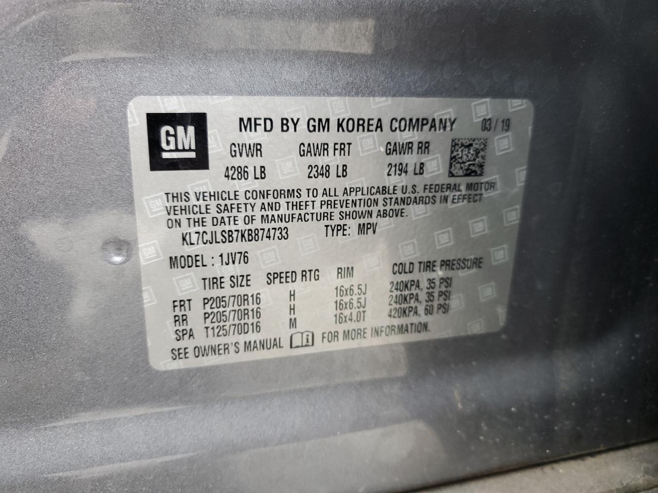 2019 Chevrolet Trax 1Lt VIN: KL7CJLSB7KB874733 Lot: 61067274