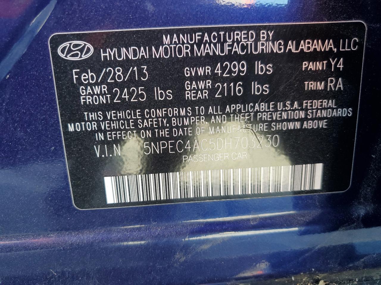 2013 Hyundai Sonata Se VIN: 5NPEC4AC5DH703230 Lot: 60771064