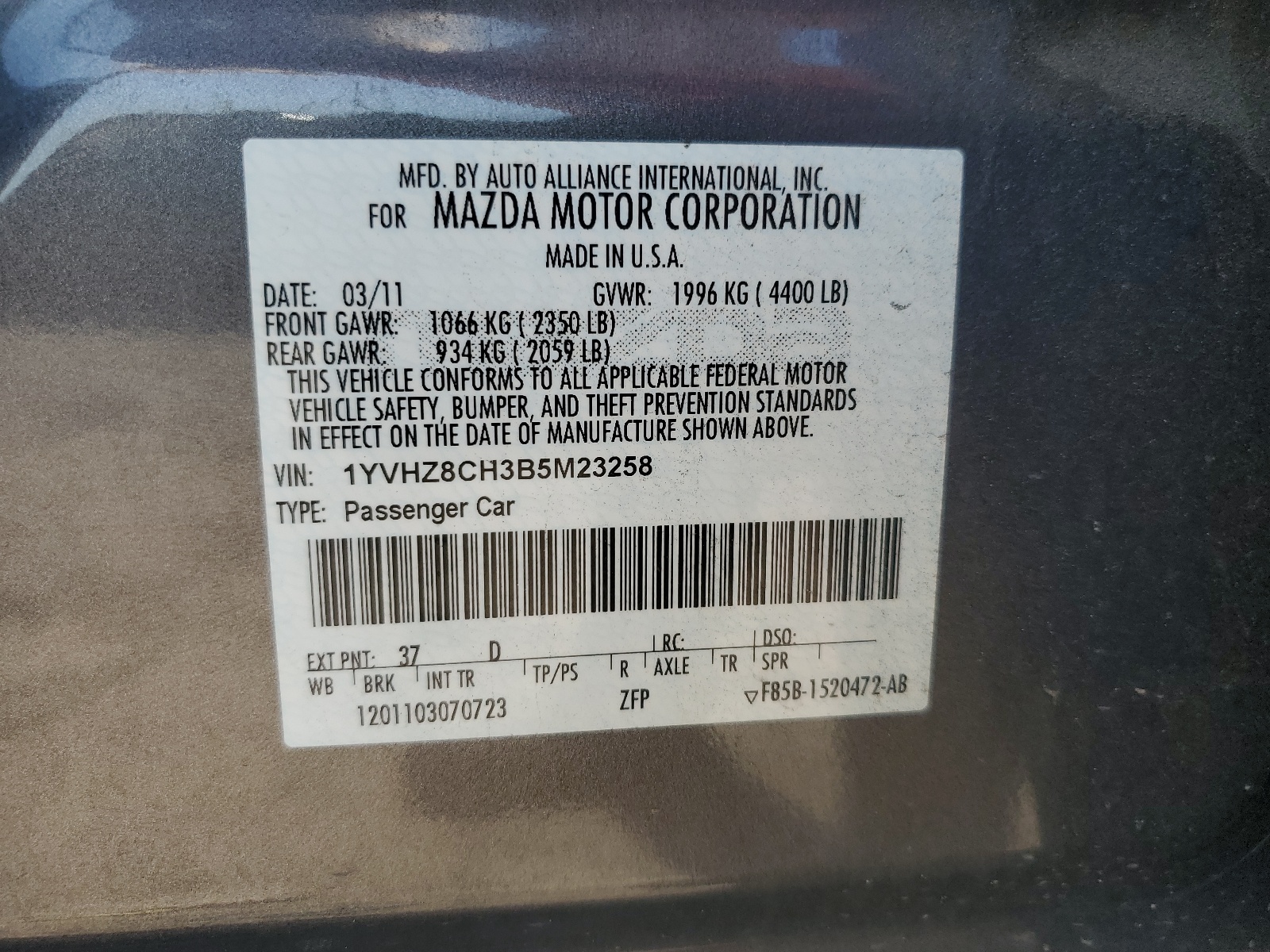 1YVHZ8CH3B5M23258 2011 Mazda 6 I