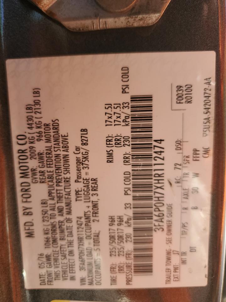 2017 Ford Fusion Se VIN: 3FA6P0H7XHR112474 Lot: 59499374