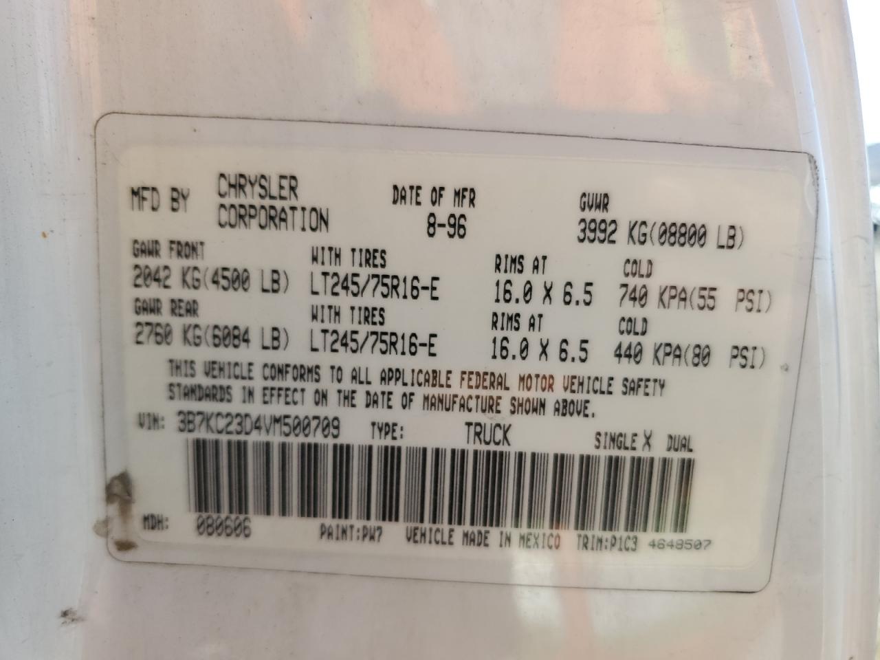 1997 Dodge Ram 2500 VIN: 3B7KC23D4VM500709 Lot: 56464564