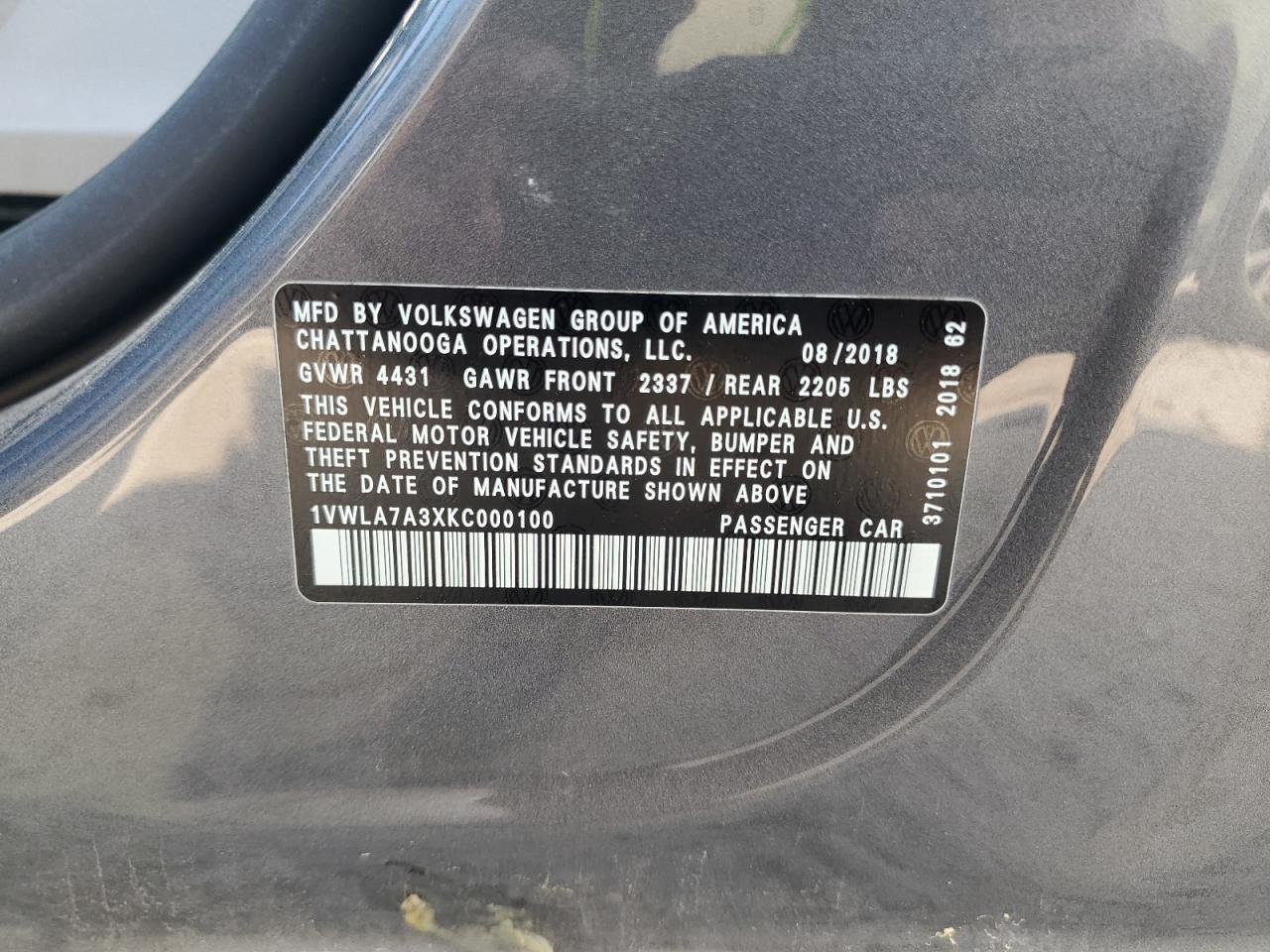 2019 Volkswagen Passat Wolfsburg VIN: 1VWLA7A3XKC000100 Lot: 57076774