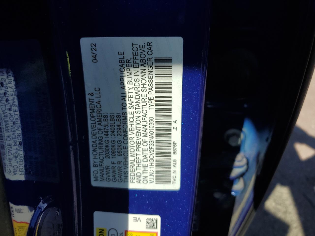 2022 Honda Accord Sport VIN: 1HGCV2F33NA010360 Lot: 60261054