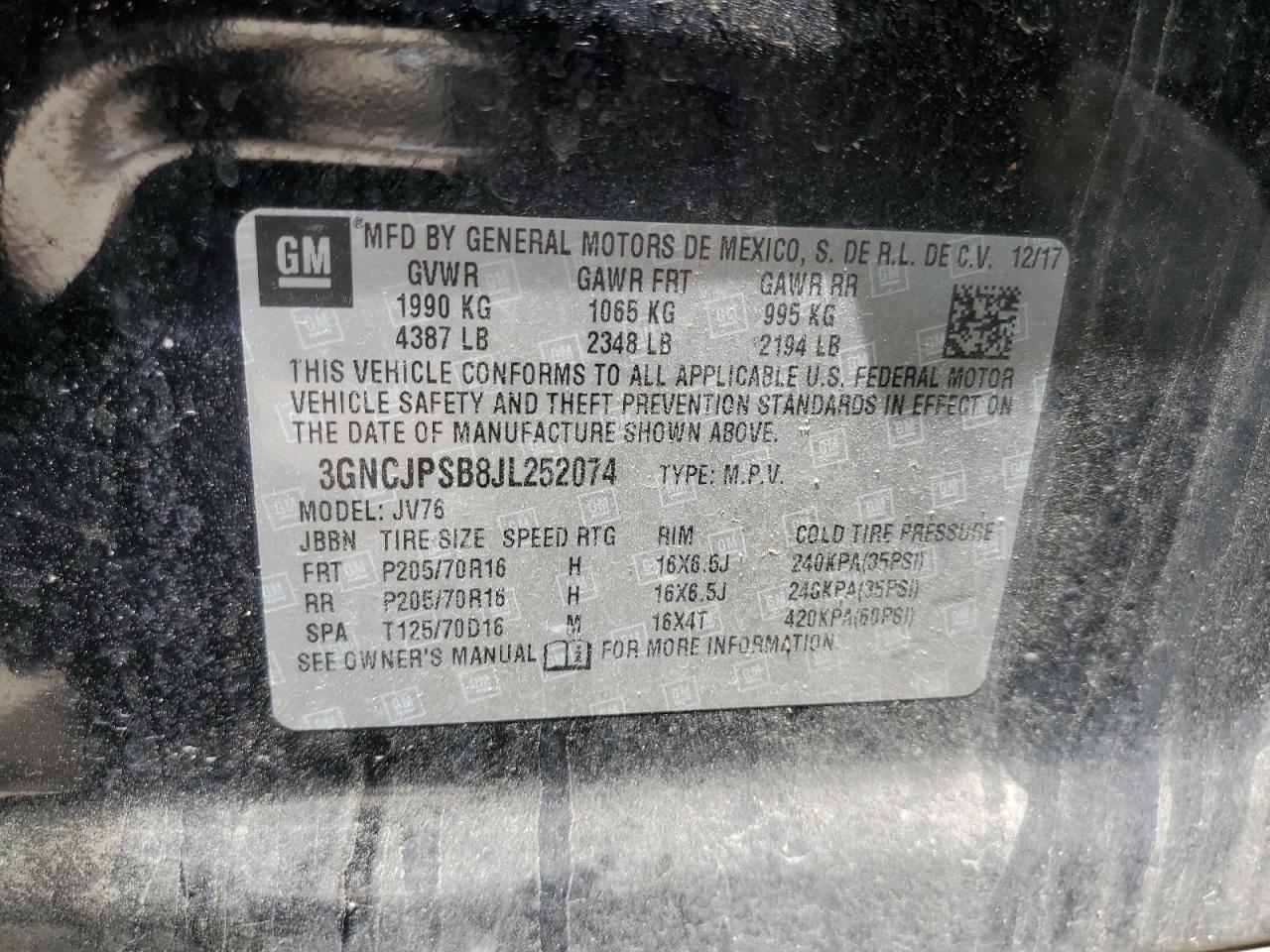 2018 Chevrolet Trax 1Lt VIN: 3GNCJPSB8JL252074 Lot: 60563784