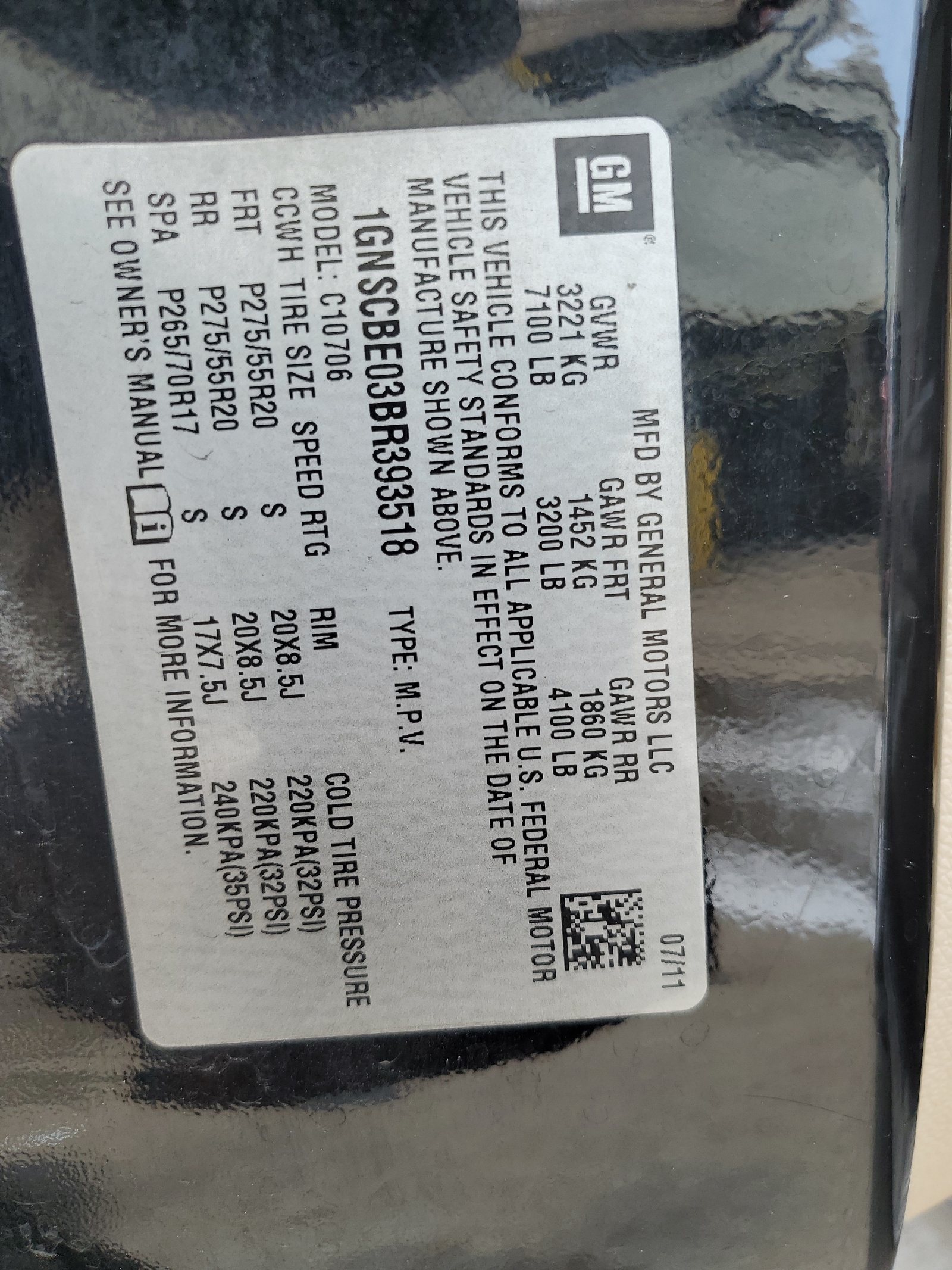 1GNSCBE03BR393518 2011 Chevrolet Tahoe C1500 Lt