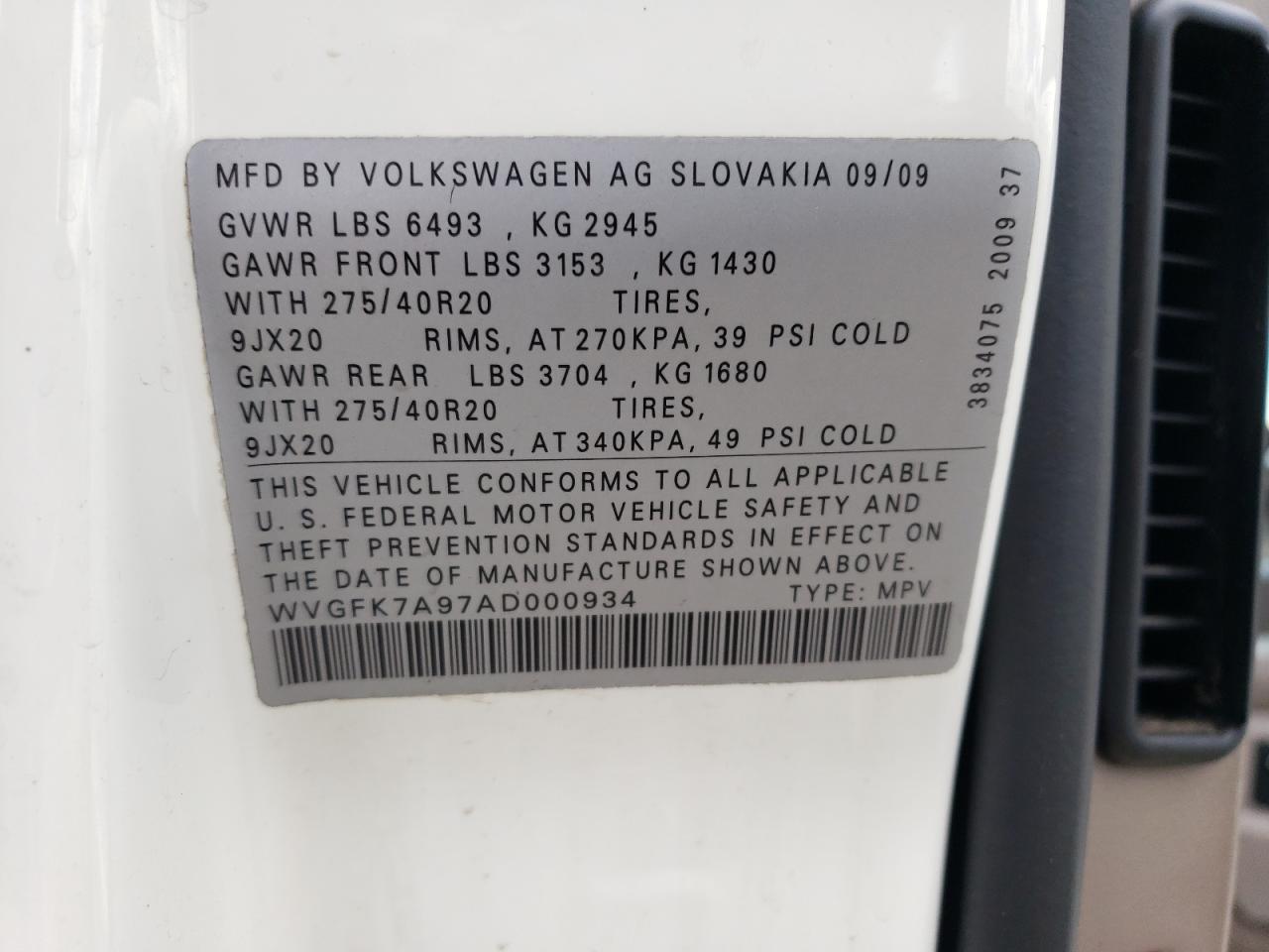 WVGFK7A97AD000934 2010 Volkswagen Touareg Tdi