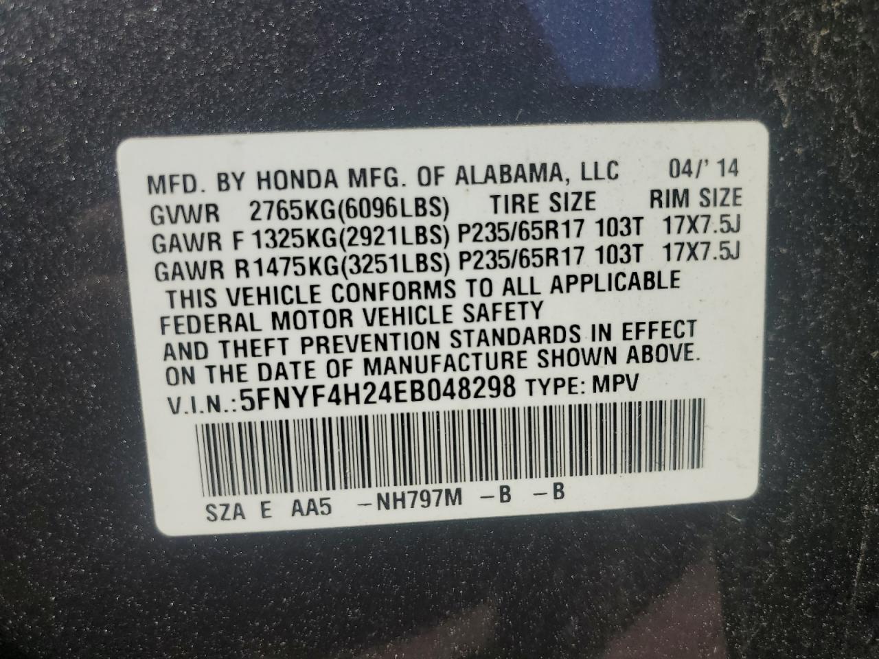 2014 Honda Pilot Lx VIN: 5FNYF4H24EB048298 Lot: 58652964