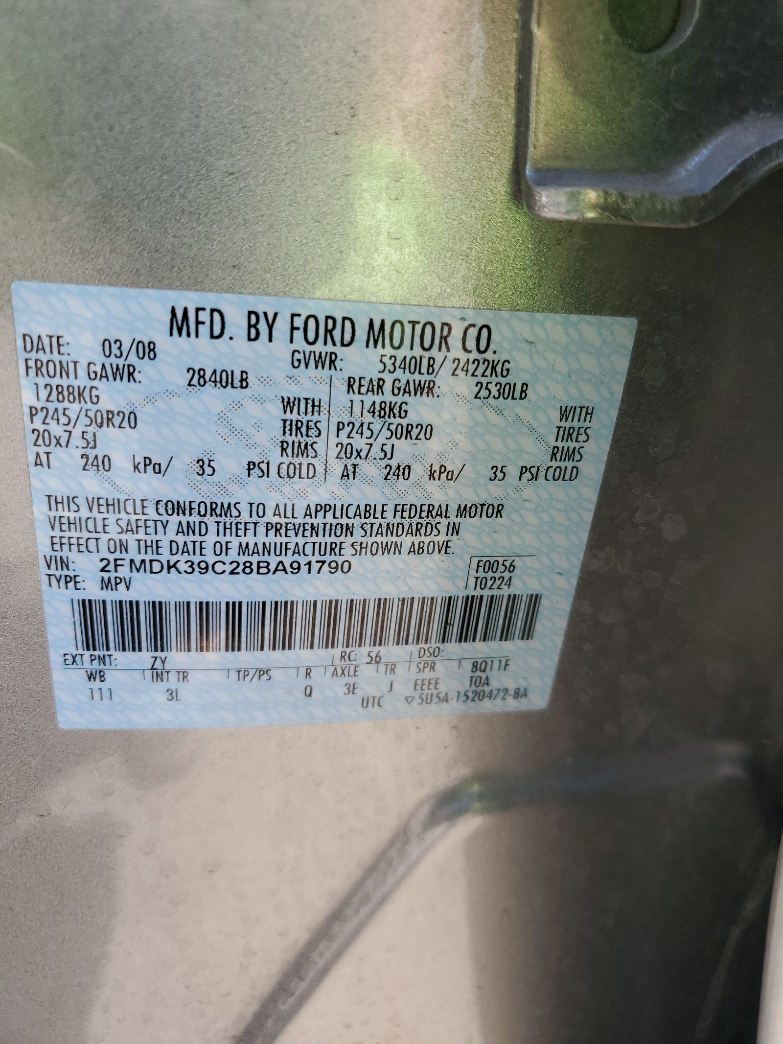 2FMDK39C28BA91790 2008 Ford Edge Limited