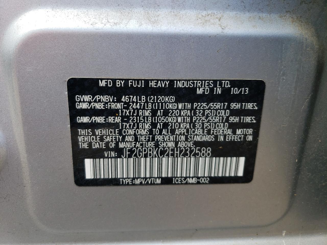 2014 Subaru Xv Crosstrek 2.0I Hybrid Touring VIN: JF2GPBKC2EH232588 Lot: 59358624