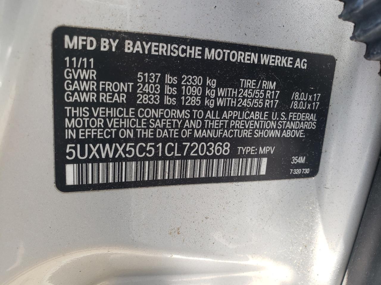 2012 BMW X3 xDrive28I VIN: 5UXWX5C51CL720368 Lot: 60463504