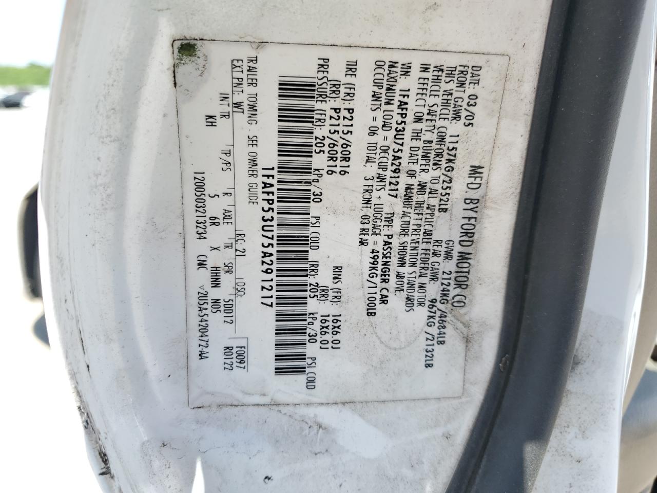 2005 Ford Taurus Se VIN: 1FAFP53U75A291217 Lot: 59186164