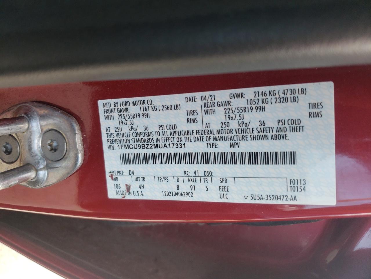 2021 Ford Escape Se VIN: 1FMCU9BZ2MUA17331 Lot: 58860174