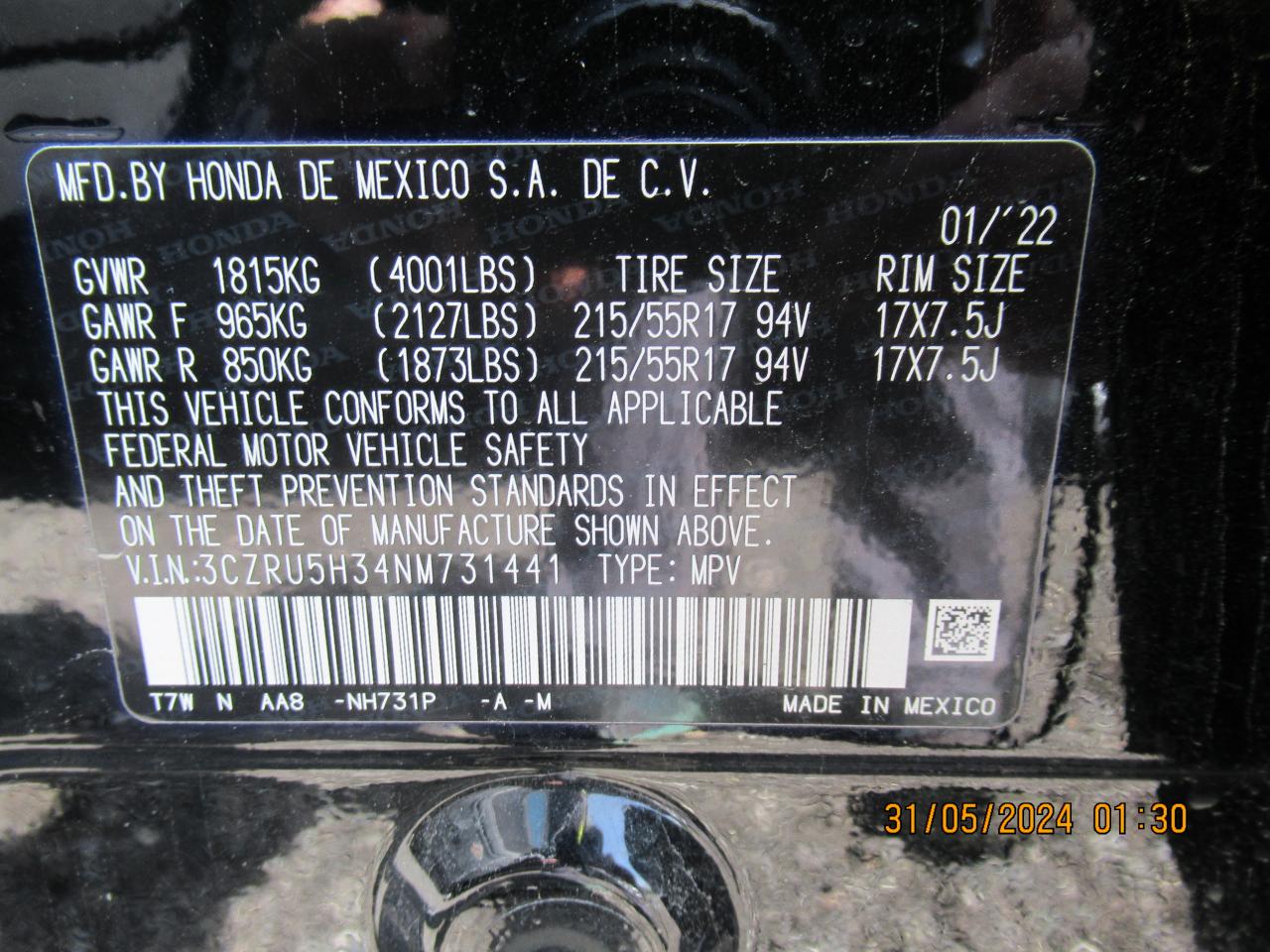 3CZRU5H34NM731441 2022 Honda Hr-V Lx