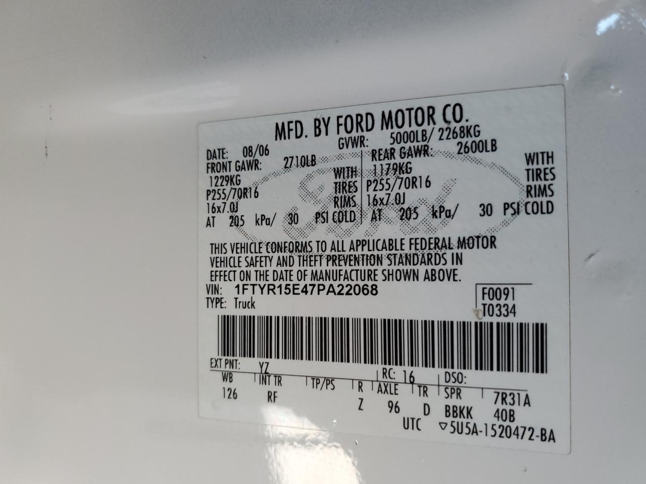 2007 Ford Ranger Super Cab VIN: 1FTYR15E47PA22068 Lot: 59175744