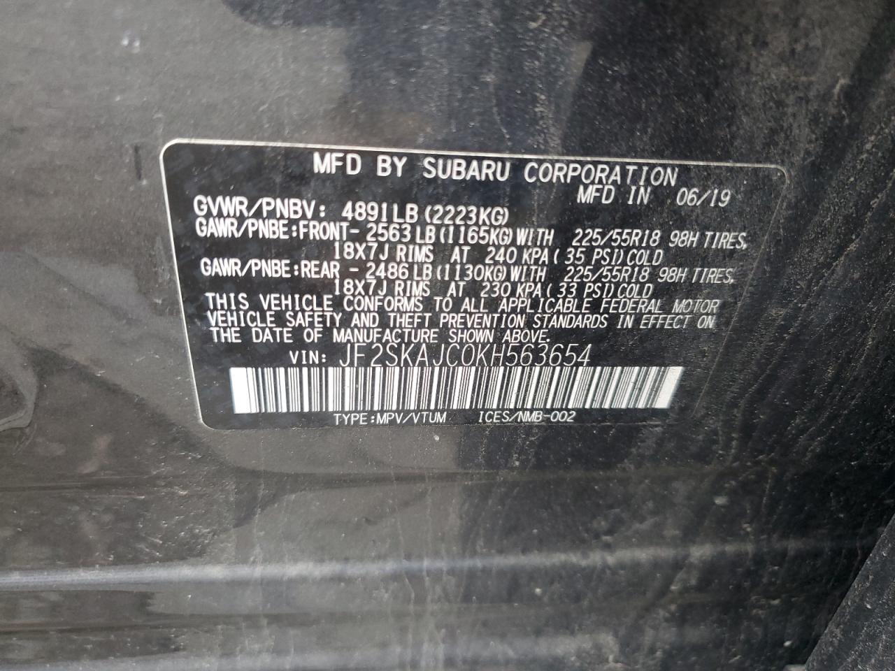 2019 Subaru Forester Sport VIN: JF2SKAJC0KH563654 Lot: 57548234