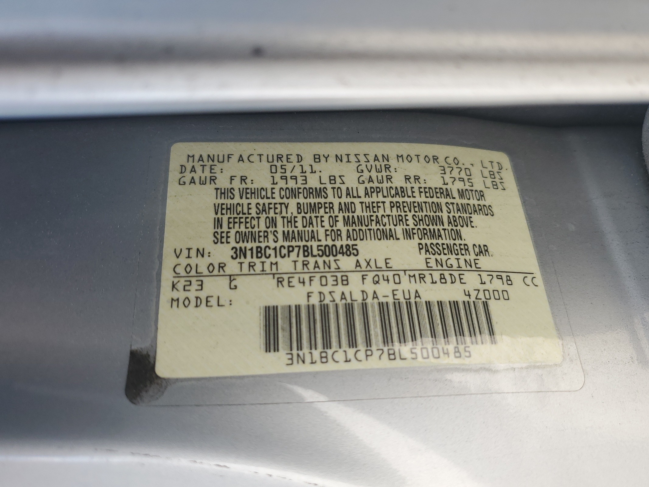 3N1BC1CP7BL500485 2011 Nissan Versa S