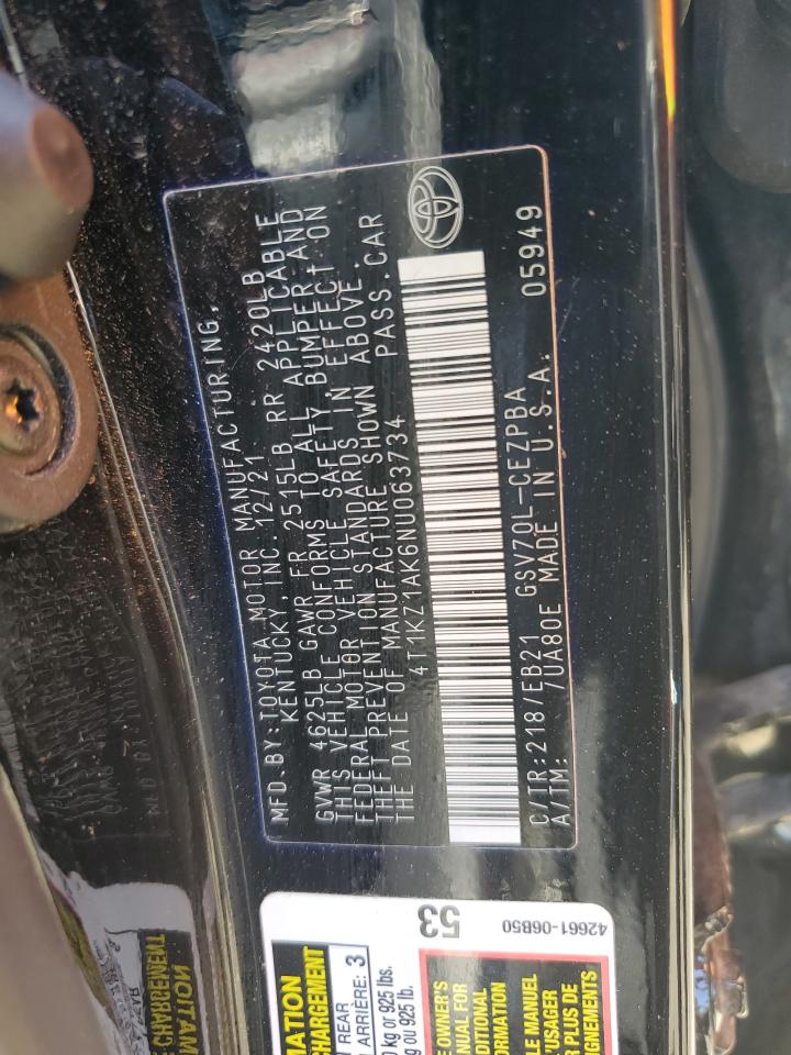 2022 Toyota Camry Trd VIN: 4T1KZ1AK6NU063734 Lot: 57314104