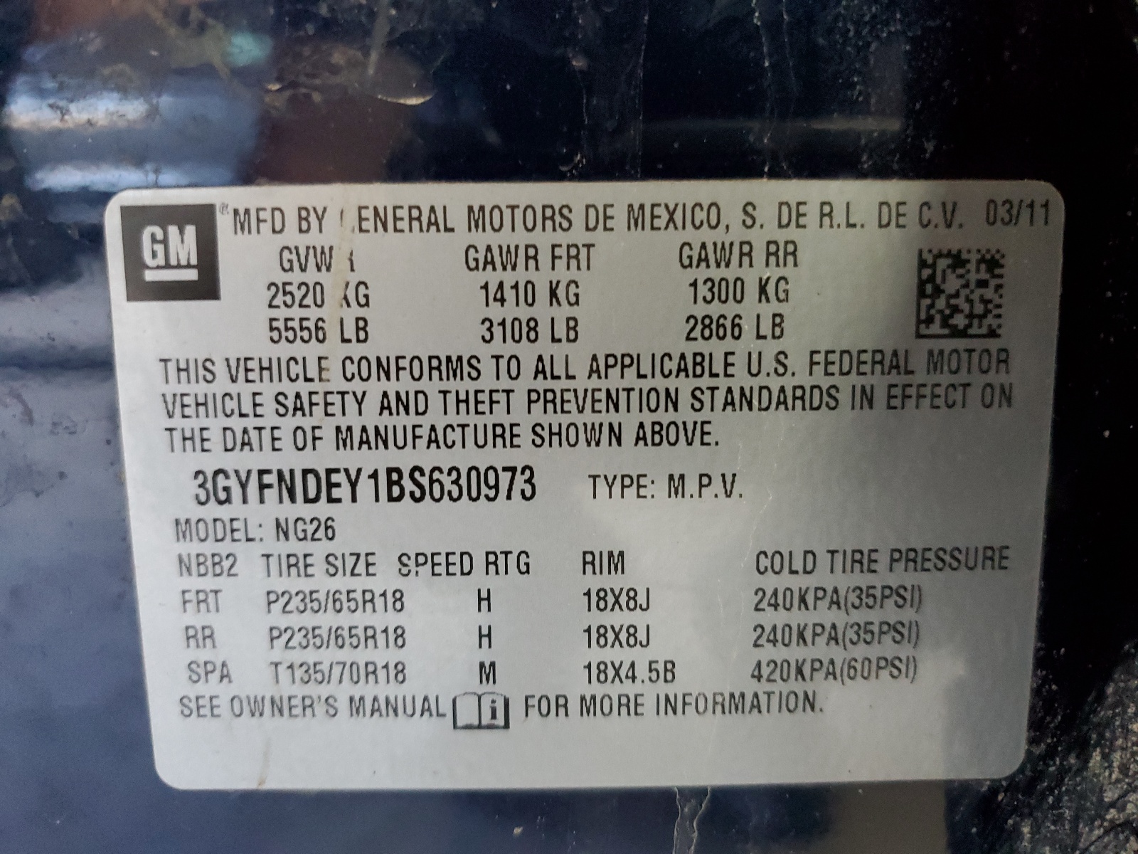 3GYFNDEY1BS630973 2011 Cadillac Srx Luxury Collection