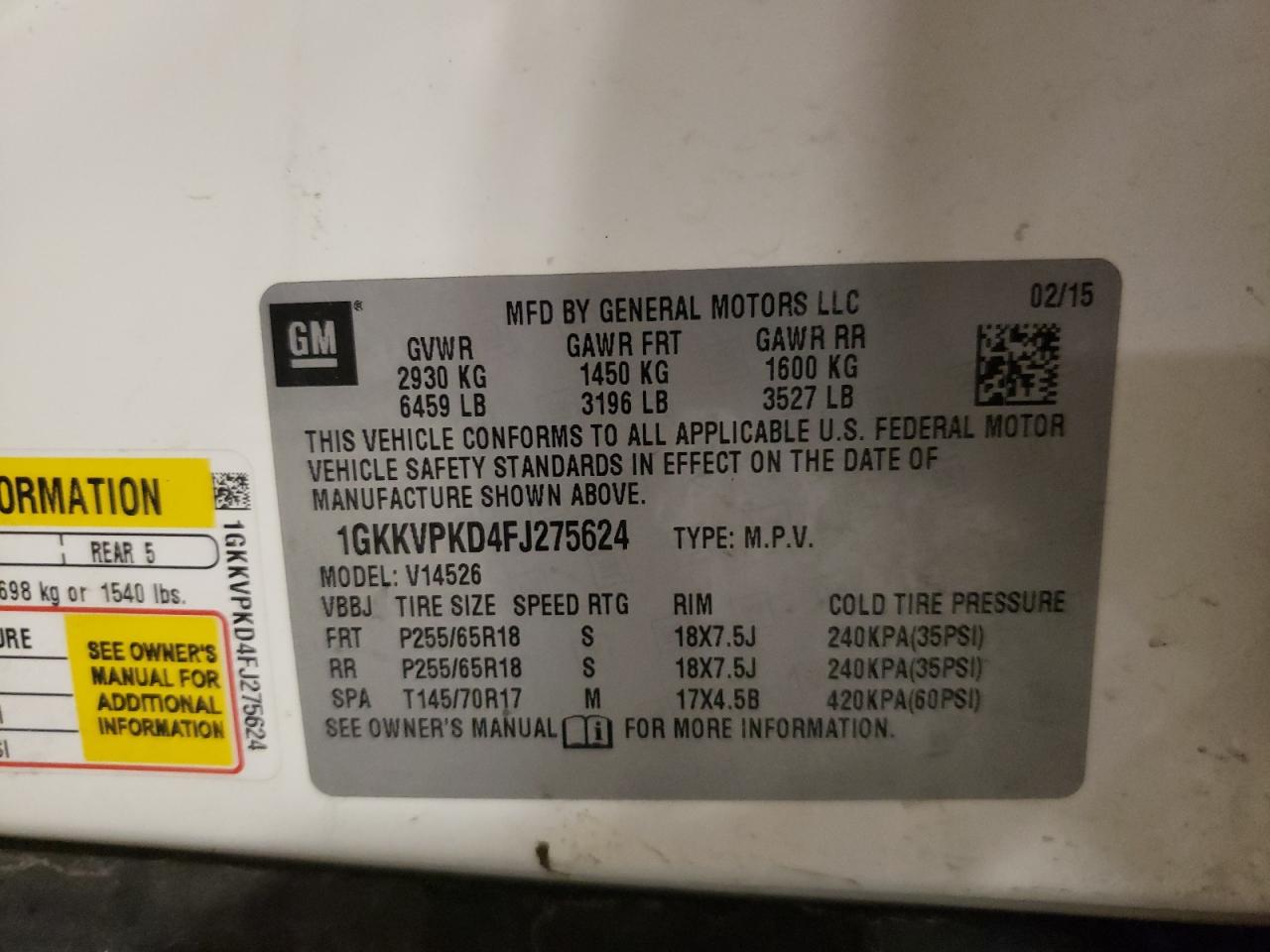 2015 GMC Acadia Sle VIN: 1GKKVPKD4FJ275624 Lot: 60223594