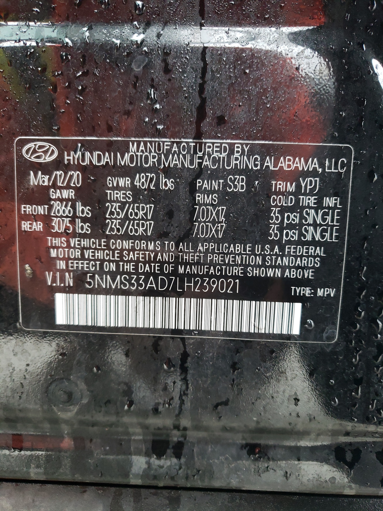 5NMS33AD7LH239021 2020 Hyundai Santa Fe Sel