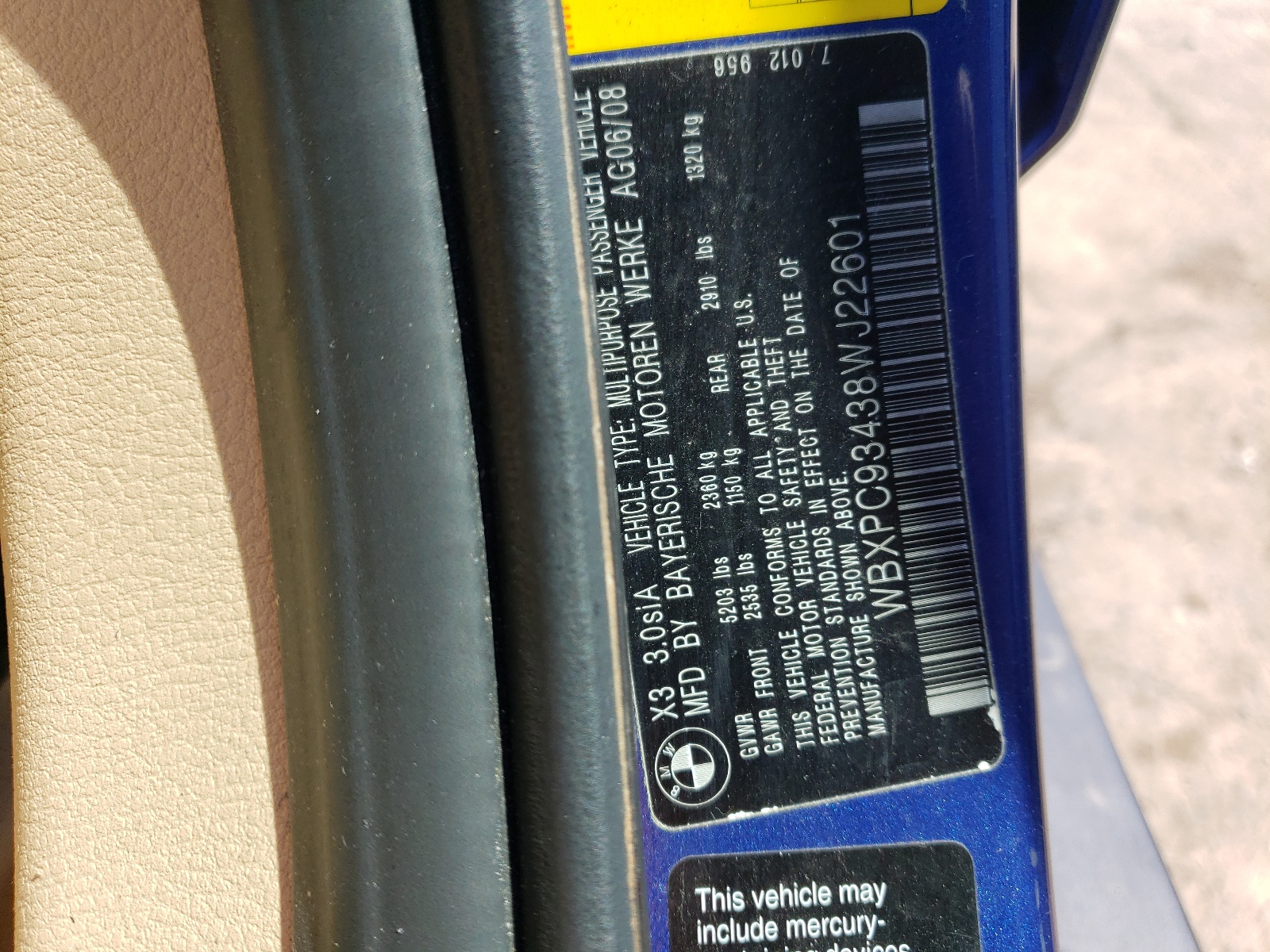 WBXPC93438WJ22601 2008 BMW X3 3.0Si