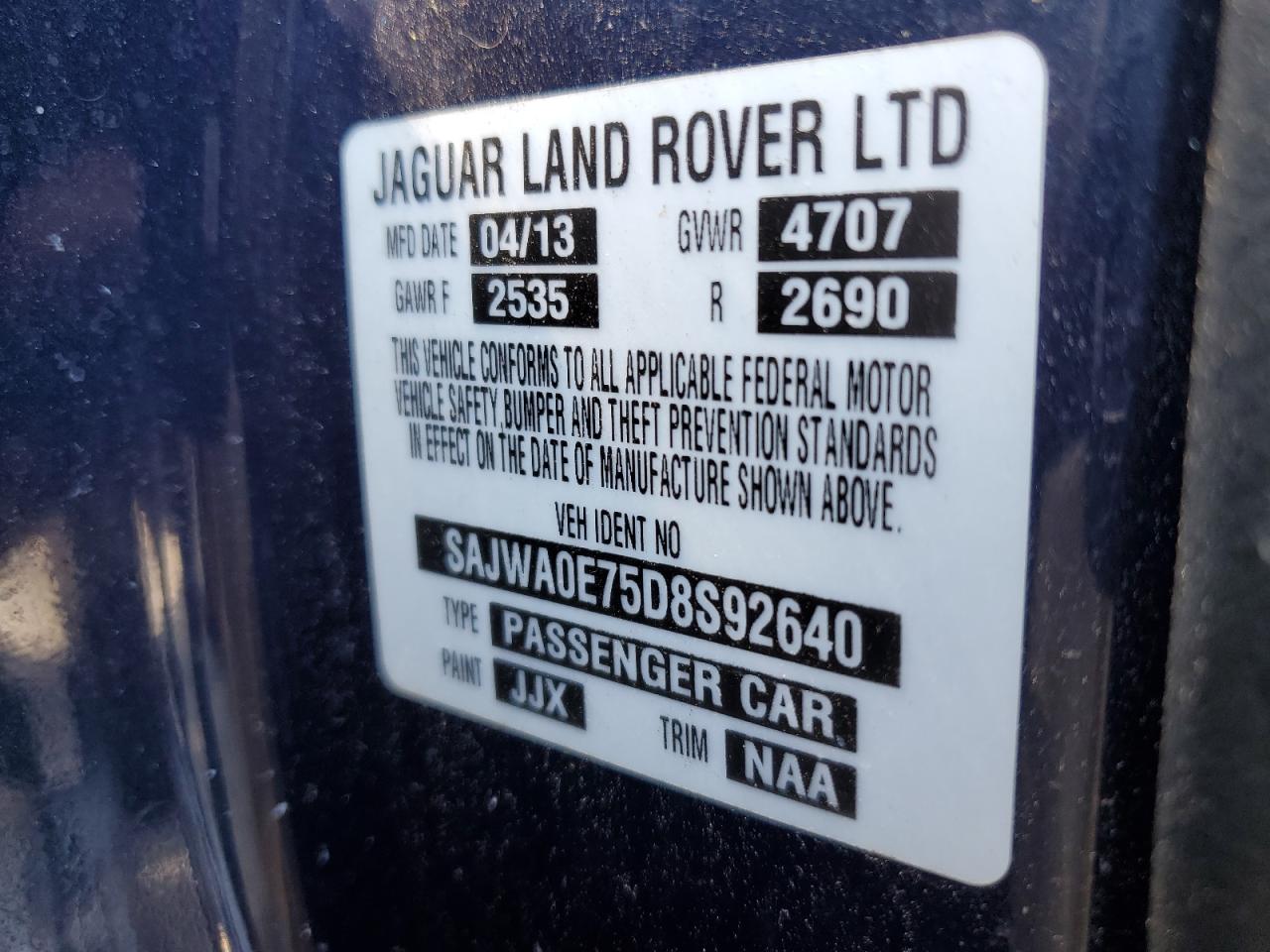 2013 Jaguar Xf VIN: SAJWA0E75D8S92640 Lot: 58505334