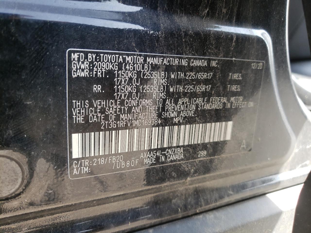 2T3G1RFV1MC169384 2021 Toyota Rav4 Le