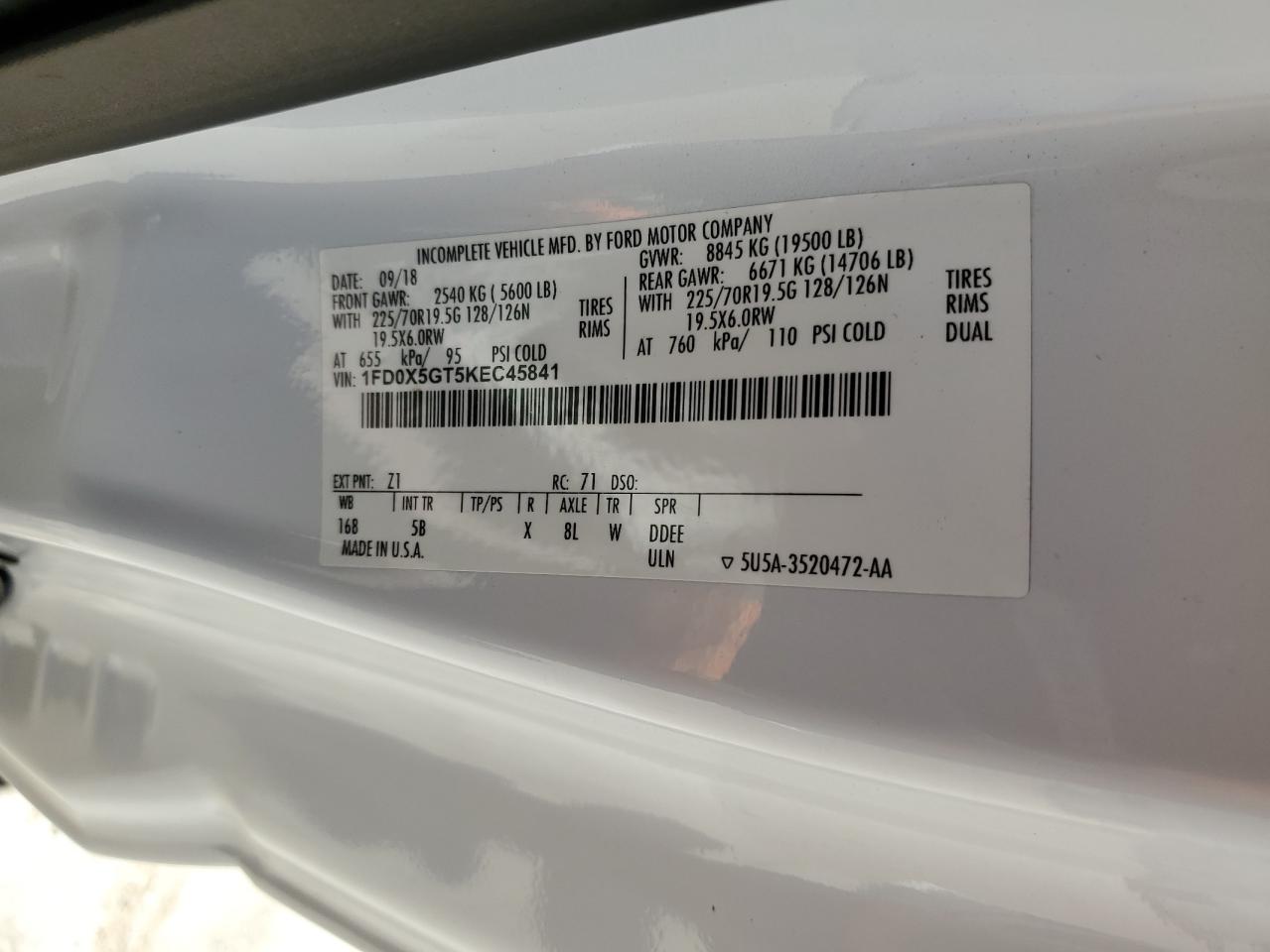 2019 Ford F550 Super Duty VIN: 1FD0X5GT5KEC45841 Lot: 41628994