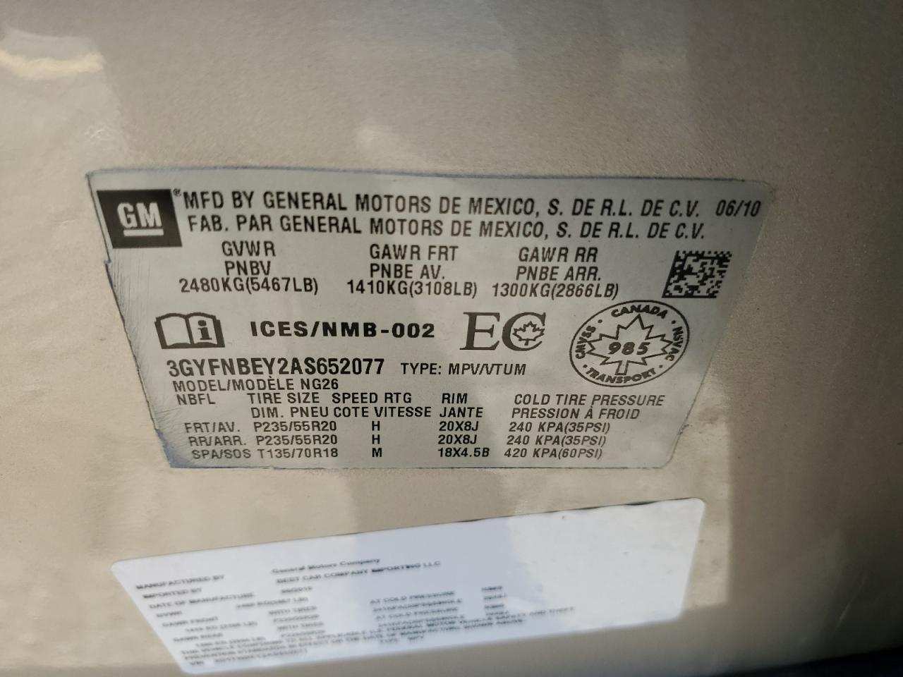 2010 Cadillac Srx Performance Collection VIN: 3GYFNBEY2AS652077 Lot: 60622864