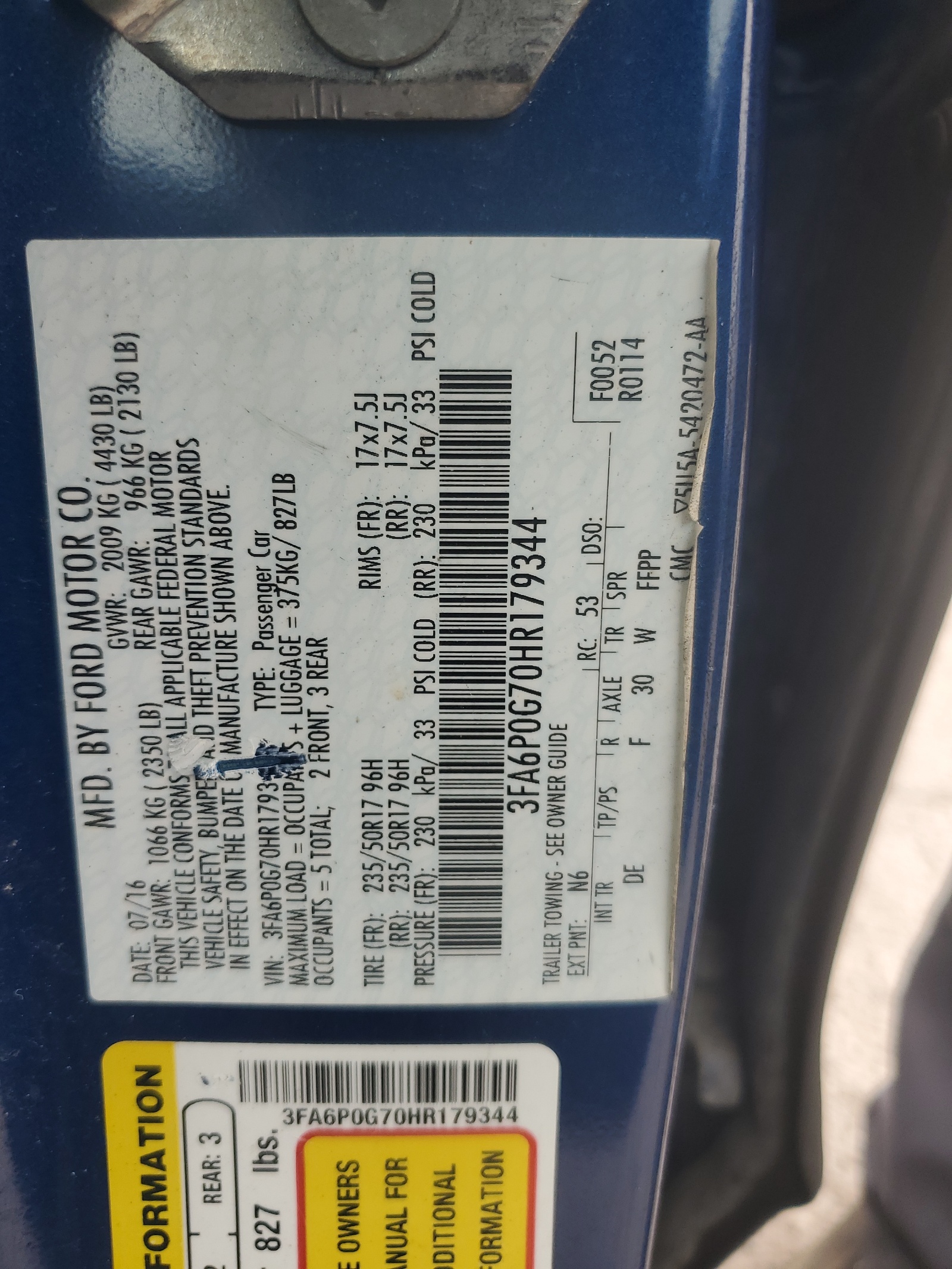 3FA6P0G70HR179344 2017 Ford Fusion S