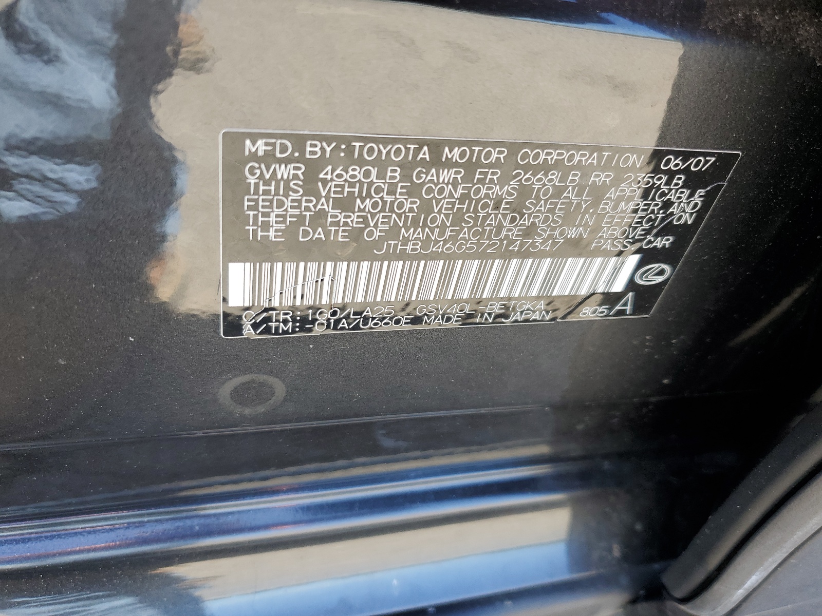 JTHBJ46G572147347 2007 Lexus Es 350