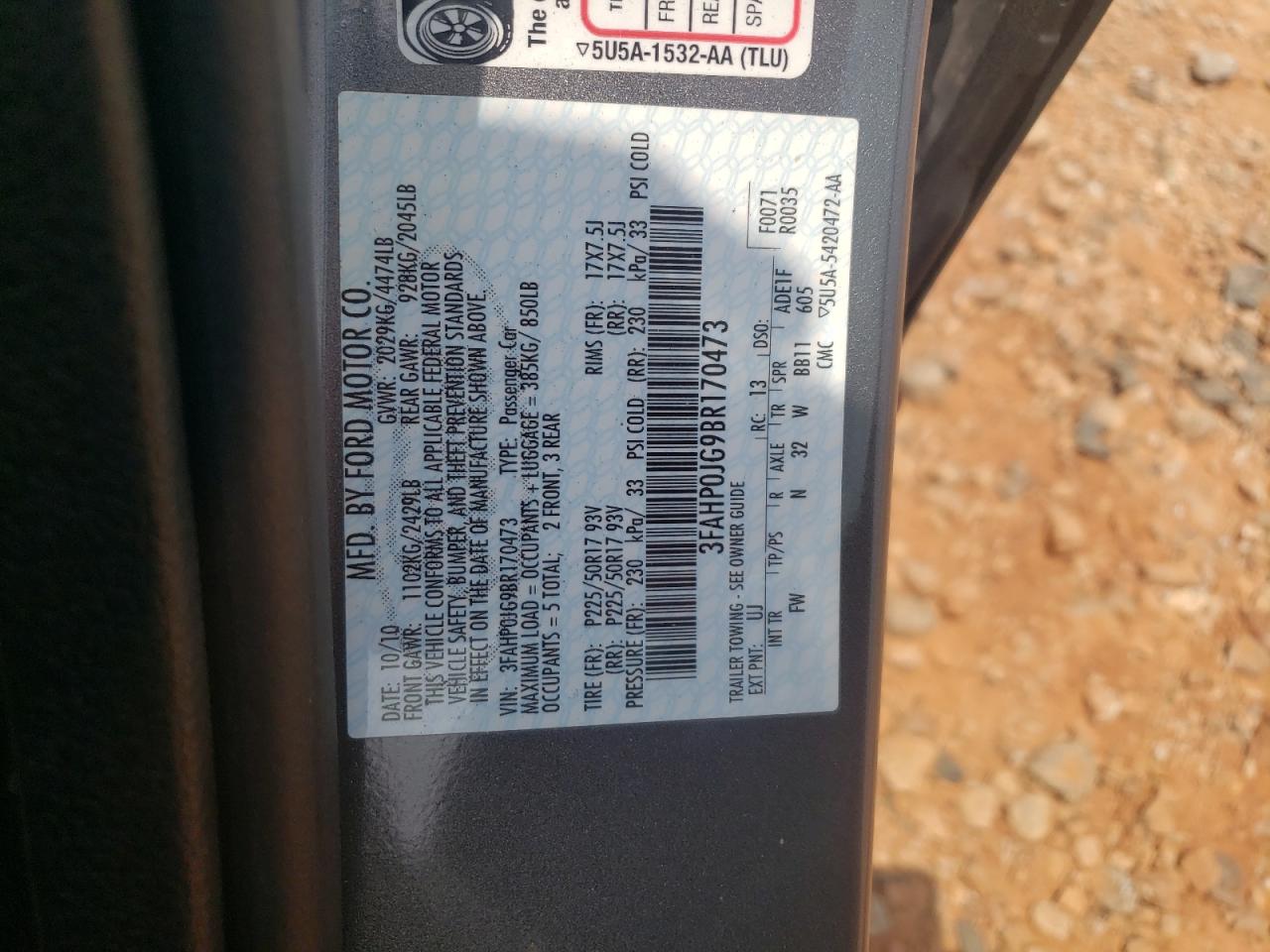 2011 Ford Fusion Sel VIN: 3FAHP0JG9BR170473 Lot: 59039344