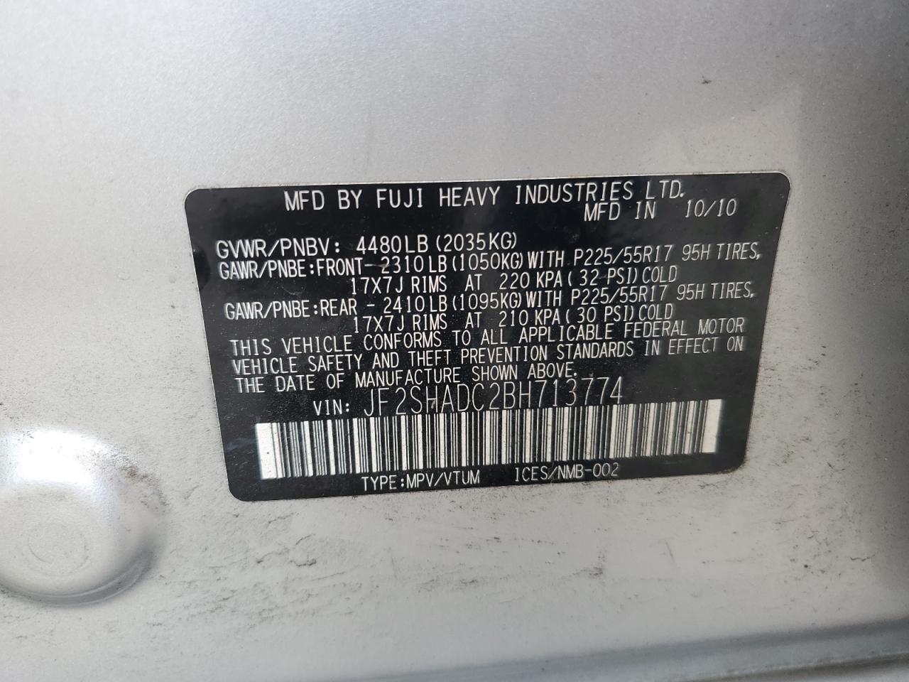 2011 Subaru Forester 2.5X Premium VIN: JF2SHADC2BH713774 Lot: 58109984