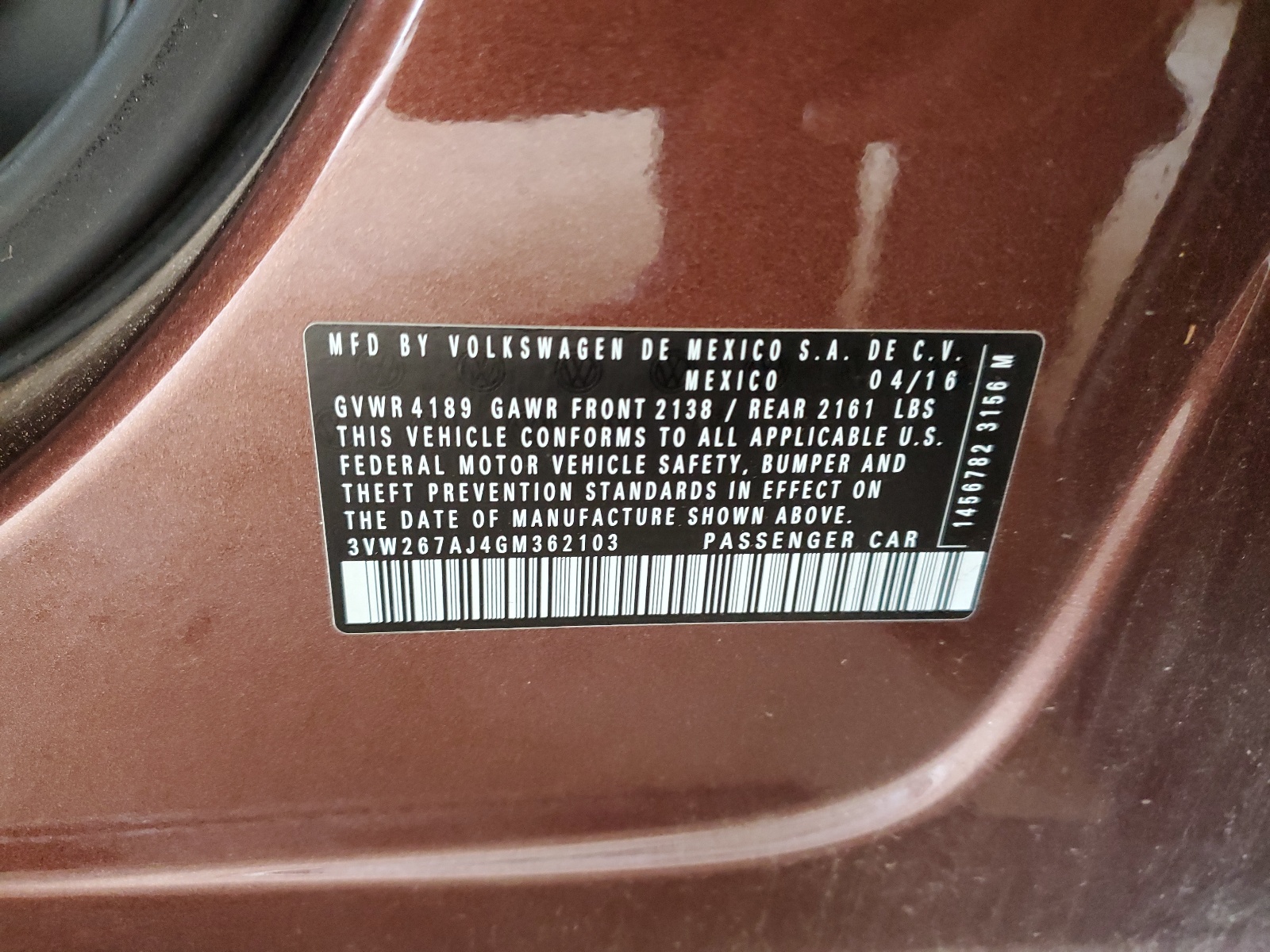 3VW267AJ4GM362103 2016 Volkswagen Jetta S