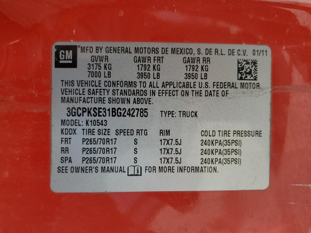 2011 Chevrolet Silverado K1500 Lt VIN: 3GCPKSE31BG242785 Lot: 70043924