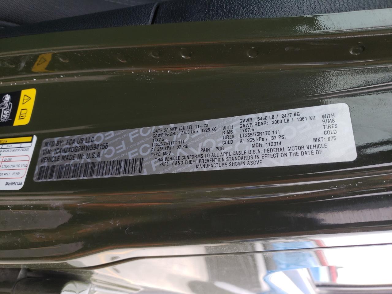 2021 Jeep Wrangler Unlimited Sport VIN: 1C4HJXDG2MW594156 Lot: 57479334