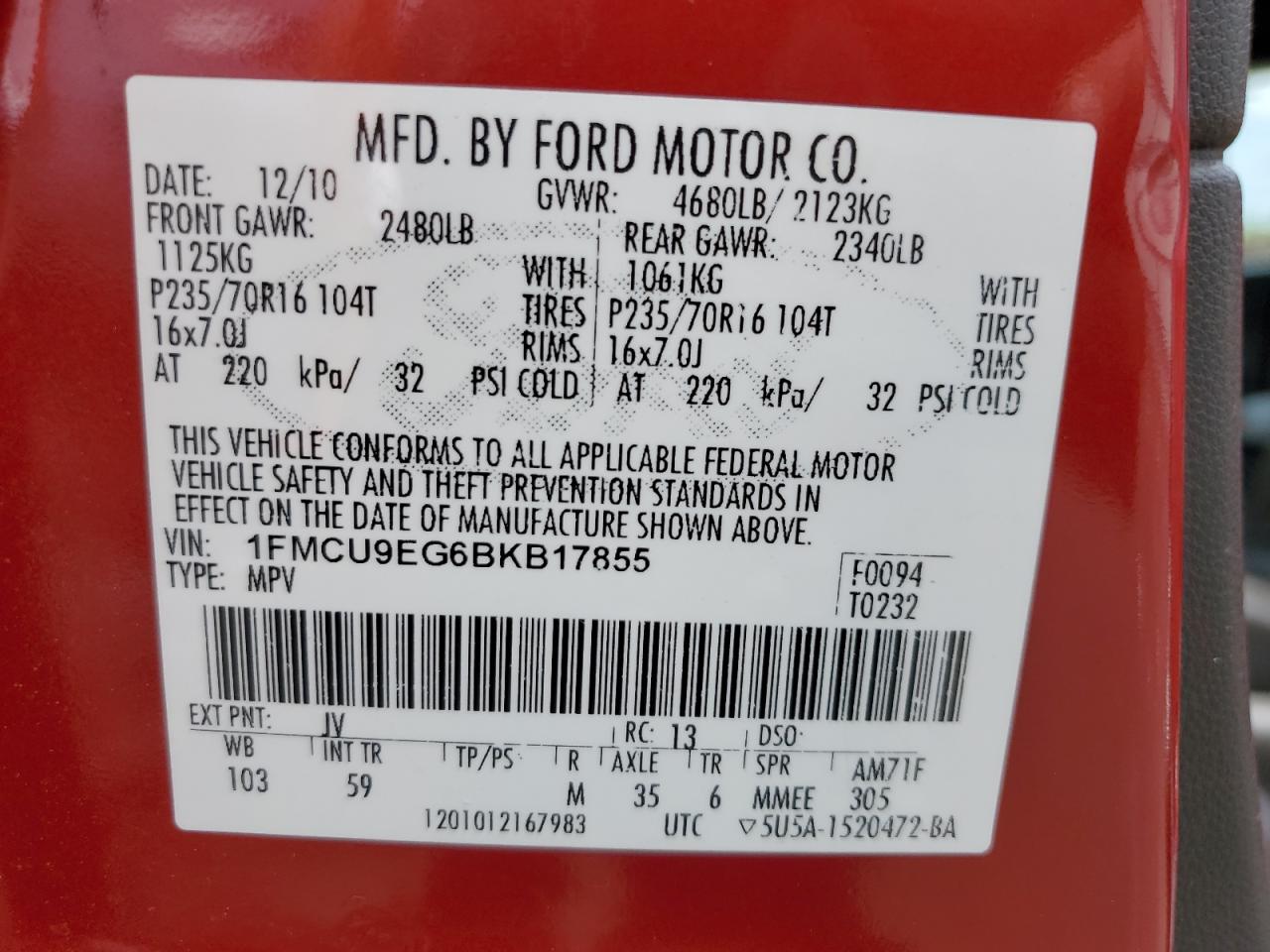 2011 Ford Escape Limited VIN: 1FMCU9EG6BKB17855 Lot: 58516054