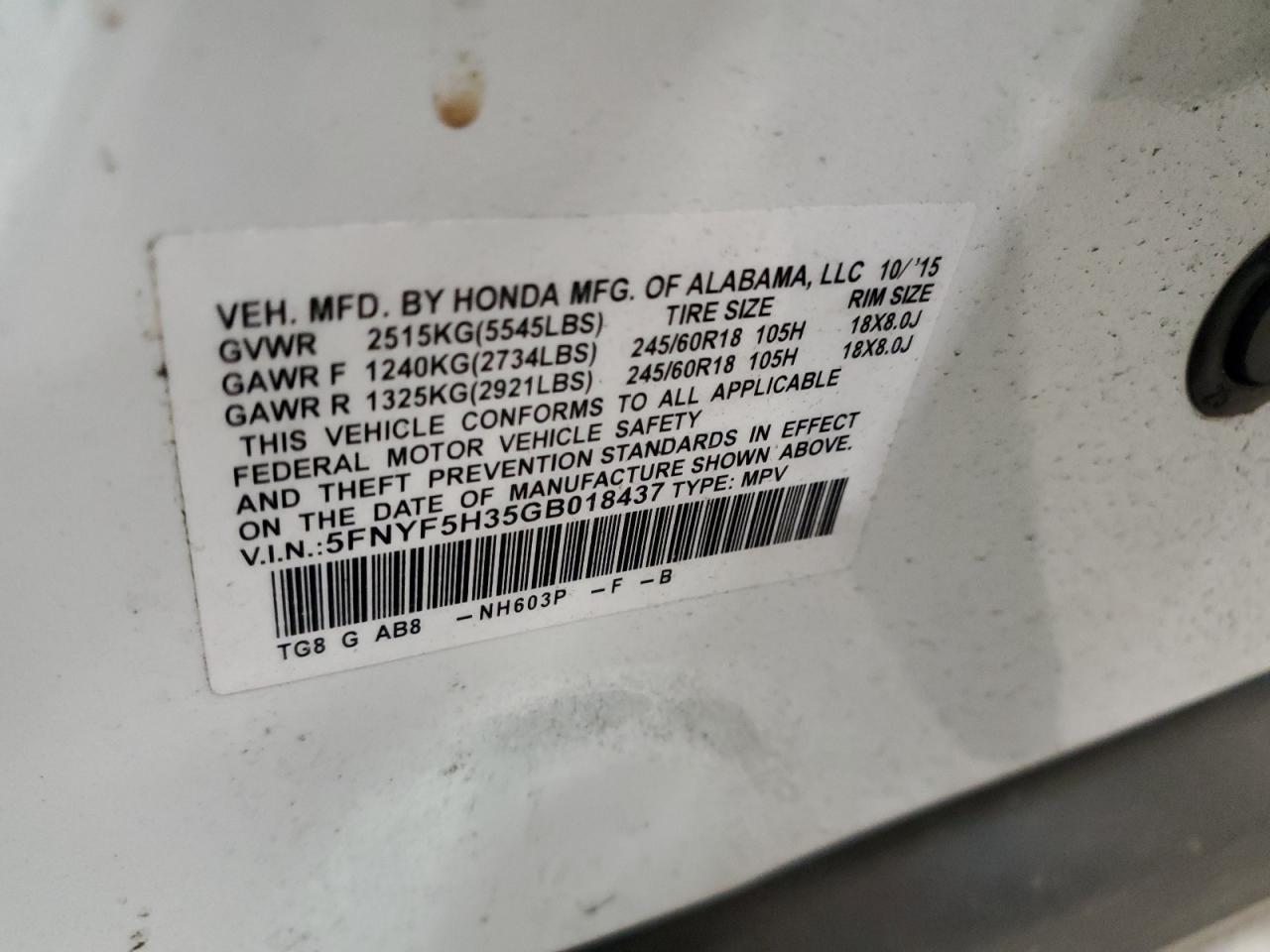 2016 Honda Pilot Ex VIN: 5FNYF5H35GB018437 Lot: 60403764