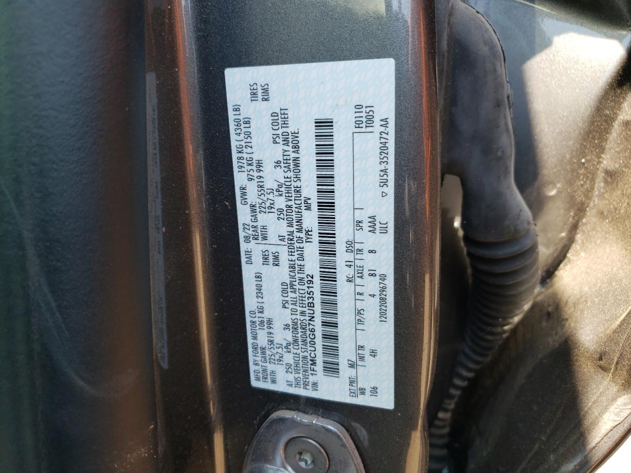 2022 Ford Escape Se VIN: 1FMCU0G67NUB35192 Lot: 59858544