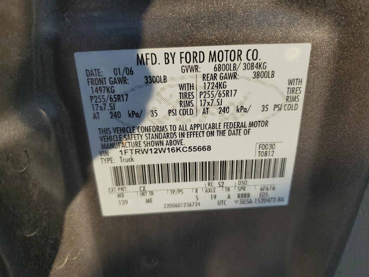 1FTRW12W16KC55668 2006 Ford F150 Supercrew